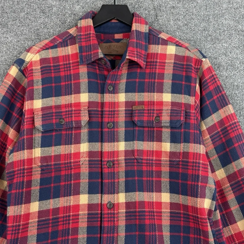 Orvis Thick Flannel Button-Up Shirt Shacket Men's M Red Navy Plaid Long Sleeve